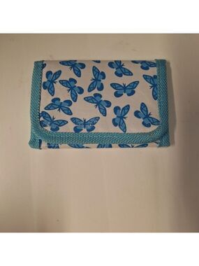 Women's Trifold Wallet Blue Butterfly Print Hook and Latch
